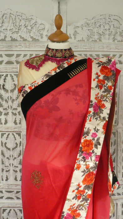 Red Chiffon With Swarovski Work Printed Silk With 36 Bust Blouse