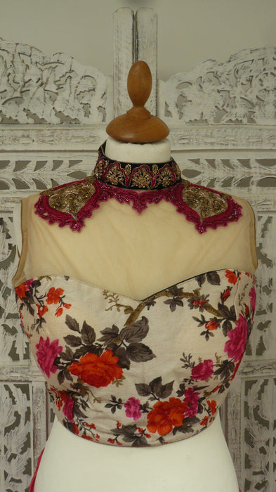 Red Chiffon With Swarovski Work Printed Silk With 36 Bust Blouse