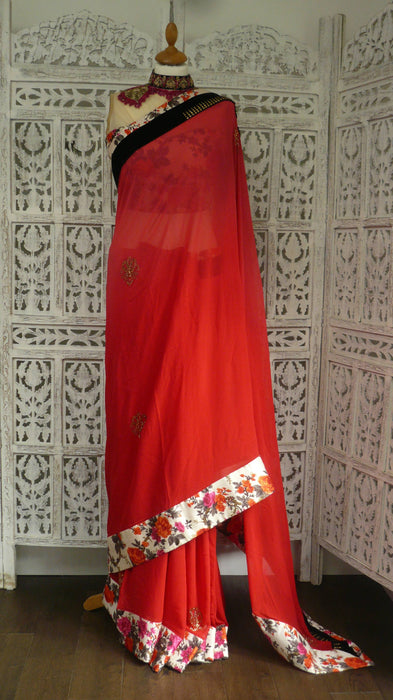 Red Chiffon With Swarovski Work Printed Silk With 36 Bust Blouse