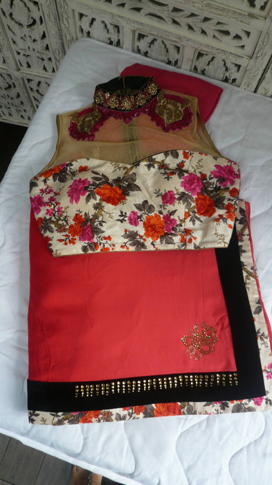 Red Chiffon With Swarovski Work Printed Silk With 36 Bust Blouse