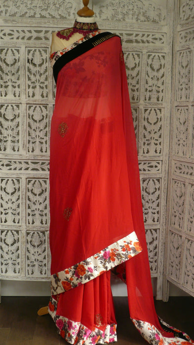 Red Chiffon With Swarovski Work Printed Silk With 36 Bust Blouse