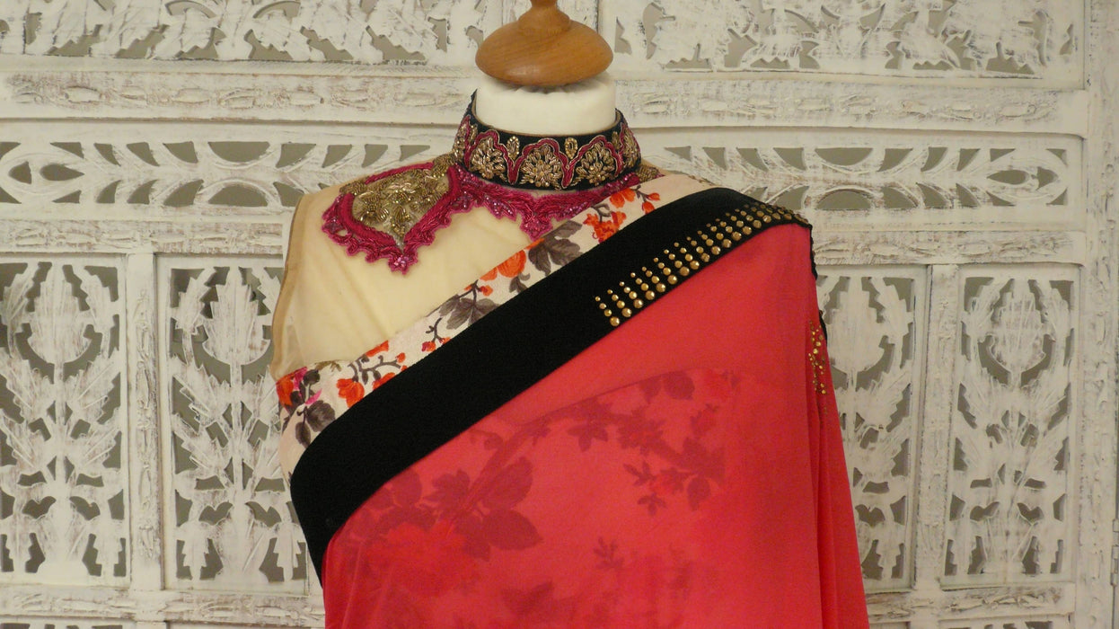 Red Chiffon With Swarovski Work Printed Silk With 36 Bust Blouse
