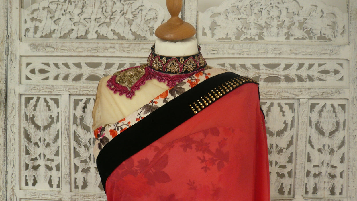 Red Chiffon With Swarovski Work Printed Silk With 36 Bust Blouse