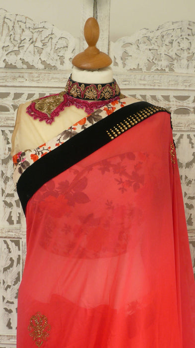 Red Chiffon With Swarovski Work Printed Silk With 36 Bust Blouse