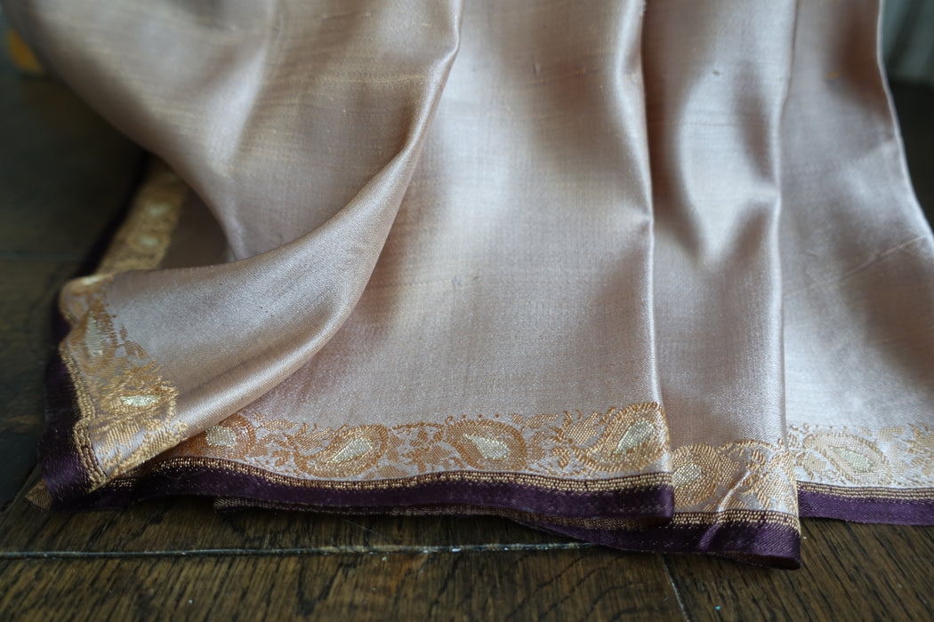 Blush & Aubergine Sateen Silk Sari - Preloved