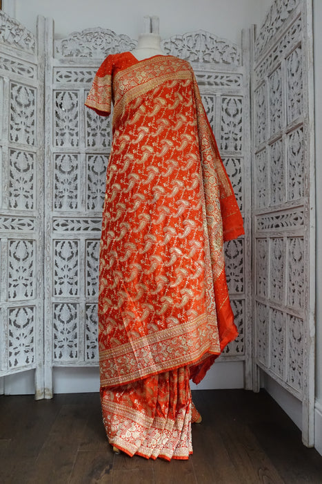 Orange Vintage Zari Sari With Blouse - Preloved
