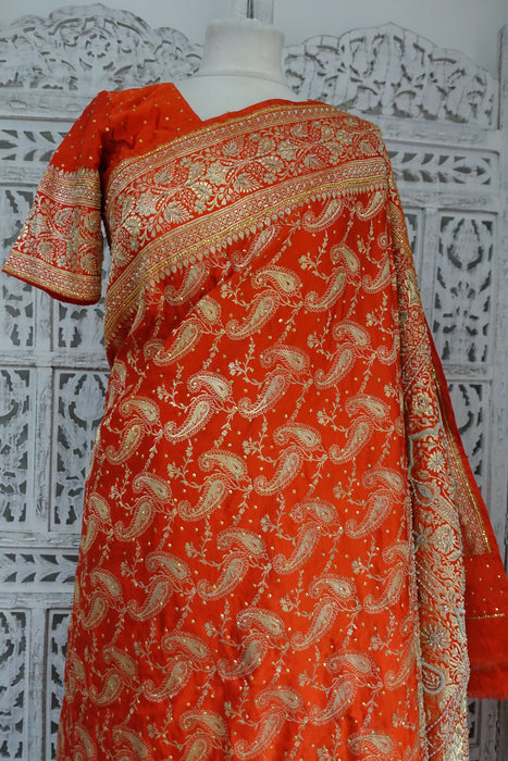 Orange Vintage Zari Sari With Blouse - Preloved