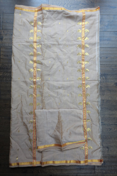 Beige Cotton And Gold Sari Including Blouse Piece - New