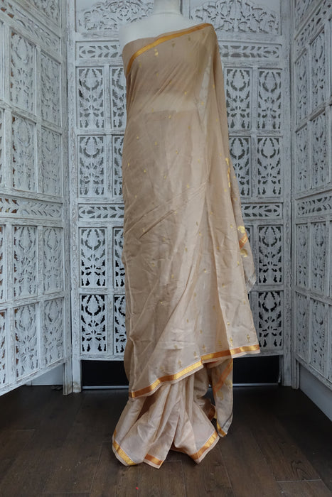 Beige Cotton And Gold Sari Including Blouse Piece - New