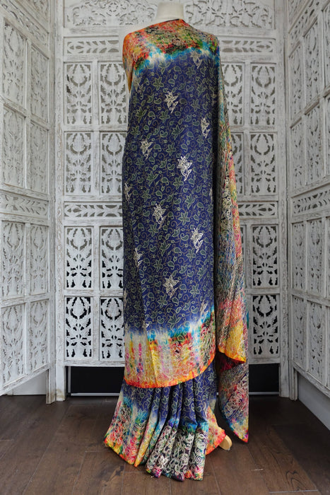 Navy Blue Silk Blend Vintage Embellished - New