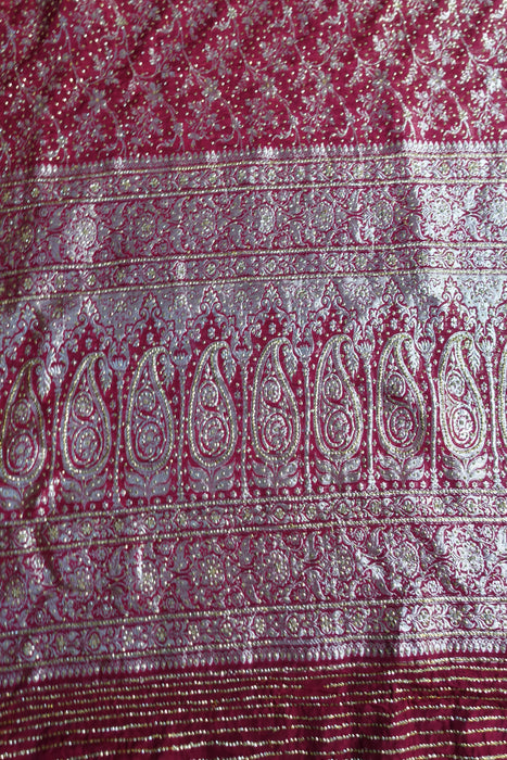 Maroon Pure Tanchoi Embellished Silk Sari With Blouse - Preloved