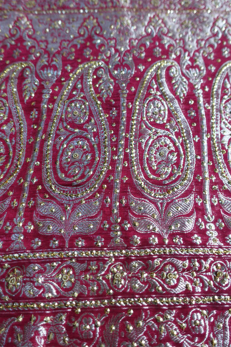 Maroon Pure Tanchoi Embellished Silk Sari With Blouse - Preloved