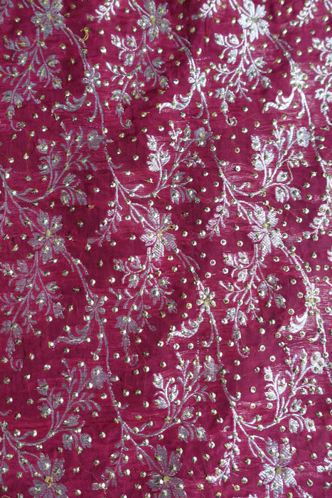 Maroon Pure Tanchoi Embellished Silk Sari With Blouse - Preloved