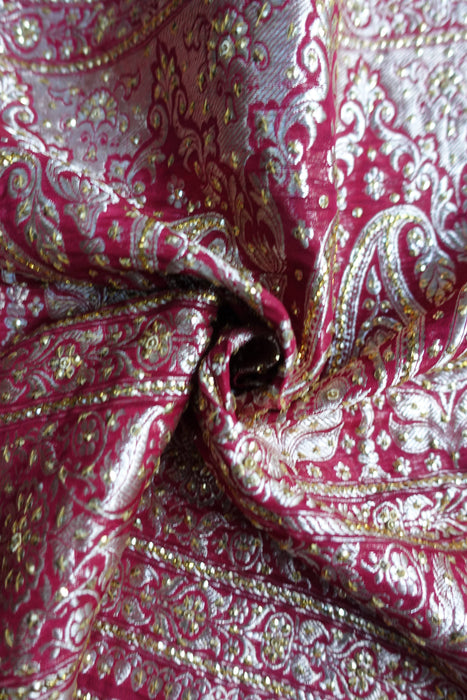 Maroon Pure Tanchoi Embellished Silk Sari With Blouse - Preloved