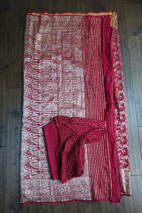 Maroon Pure Tanchoi Embellished Silk Sari With Blouse - Preloved