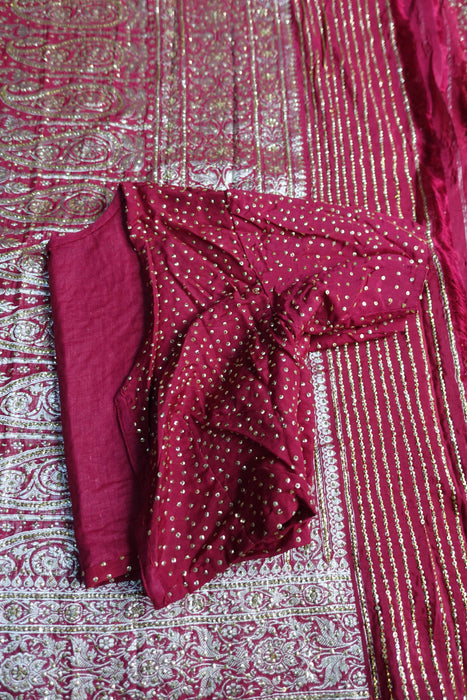 Maroon Pure Tanchoi Embellished Silk Sari With Blouse - Preloved