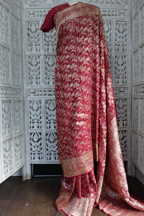 Maroon Pure Tanchoi Embellished Silk Sari With Blouse - Preloved