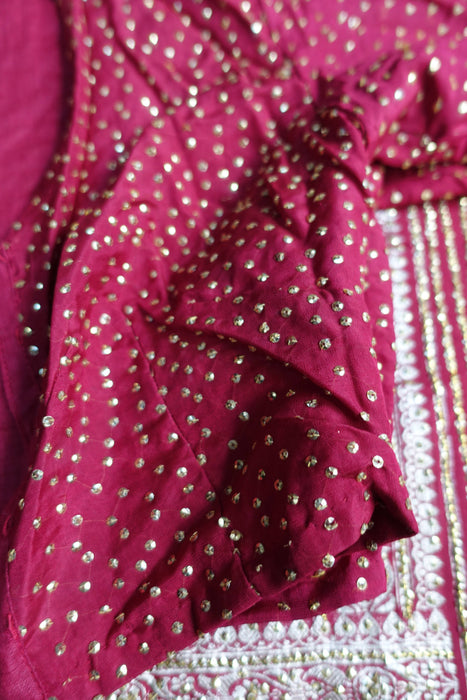 Maroon Pure Tanchoi Embellished Silk Sari With Blouse - Preloved