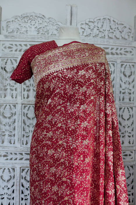 Maroon Pure Tanchoi Embellished Silk Sari With Blouse - Preloved