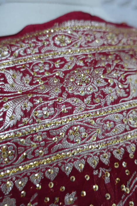 Maroon Pure Tanchoi Embellished Silk Sari With Blouse - Preloved
