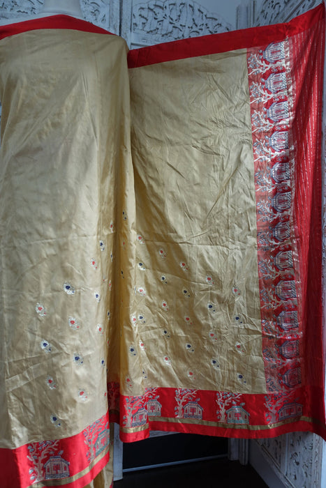 Beige And Red Pure Silk Sari - Preloved
