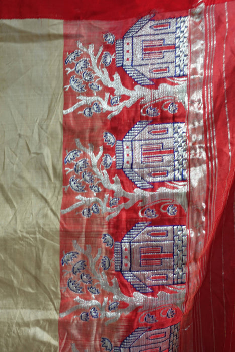 Beige And Red Pure Silk Sari - Preloved