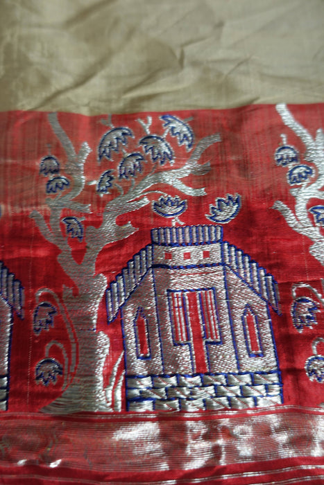 Beige And Red Pure Silk Sari - Preloved