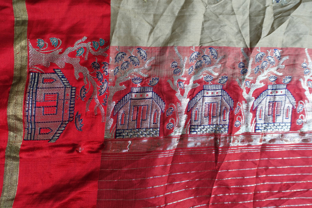 Beige And Red Pure Silk Sari - Preloved
