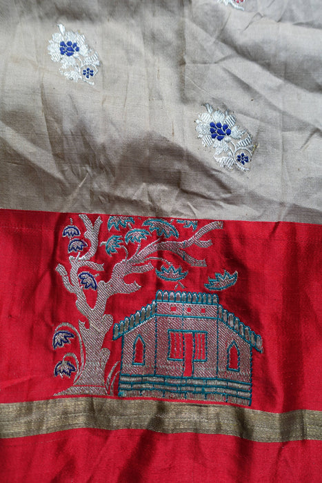 Beige And Red Pure Silk Sari - Preloved