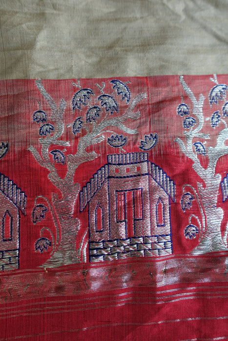 Beige And Red Pure Silk Sari - Preloved