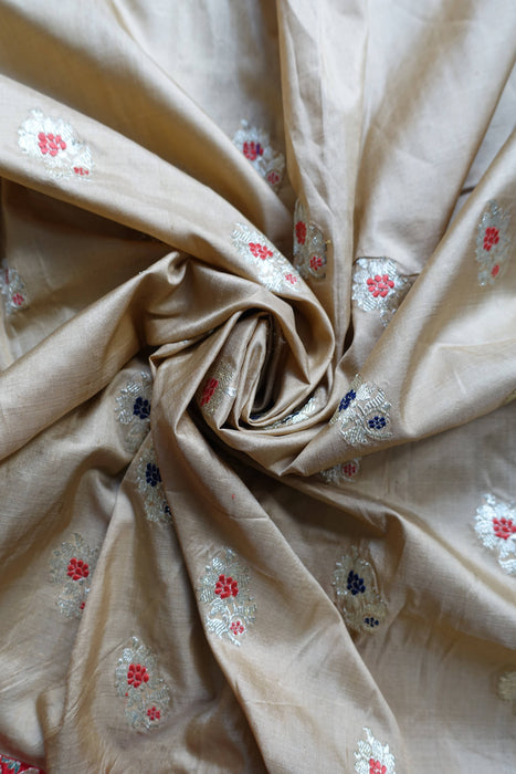 Beige And Red Pure Silk Sari - Preloved