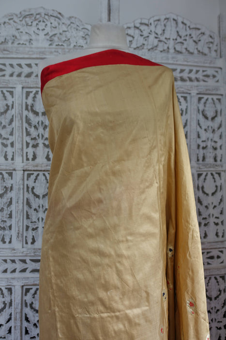 Beige And Red Pure Silk Sari - Preloved