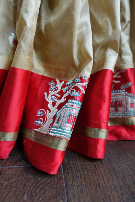 Beige And Red Pure Silk Sari - Preloved