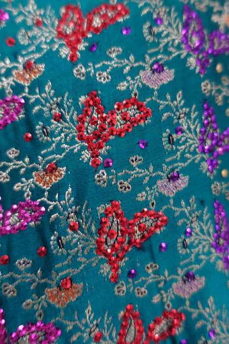 Dark Teal Sateen Vintage Silk With Blouse To Fit 33" - Preloved