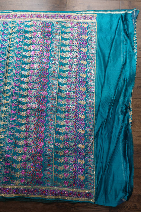 Dark Teal Sateen Vintage Silk With Blouse To Fit 33" - Preloved