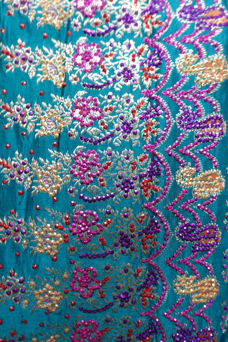 Dark Teal Sateen Vintage Silk With Blouse To Fit 33" - Preloved