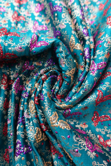 Dark Teal Sateen Vintage Silk With Blouse To Fit 33" - Preloved