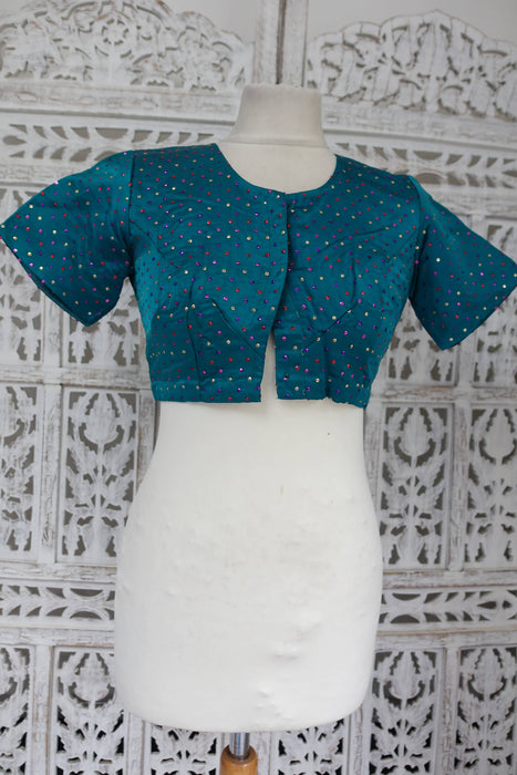 Dark Teal Sateen Vintage Silk With Blouse To Fit 33" - Preloved