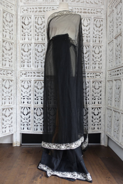 Black Net Silver Zardosi Sari - New
