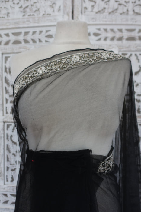 Black Net Silver Zardosi Sari - New