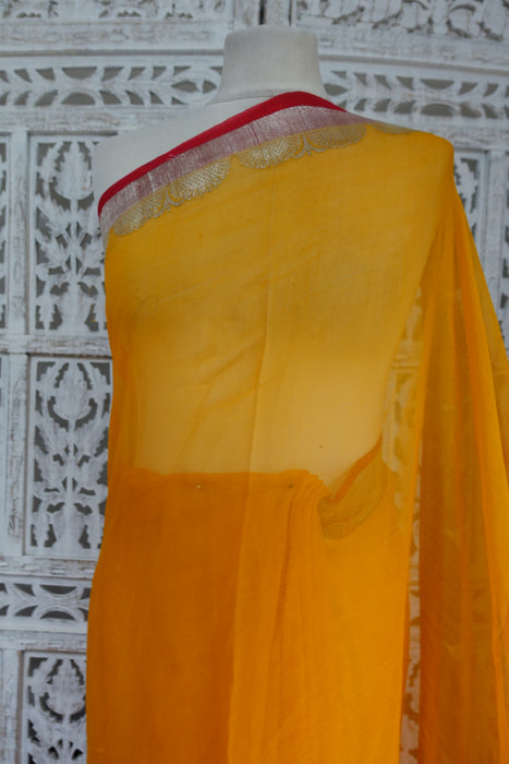 Saffron Yellow And Red Banarsi Chiffon - Preloved