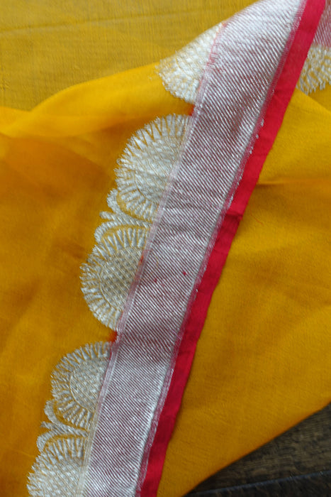 Saffron Yellow And Red Banarsi Chiffon - Preloved