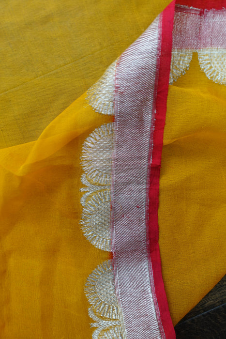 Saffron Yellow And Red Banarsi Chiffon - Preloved