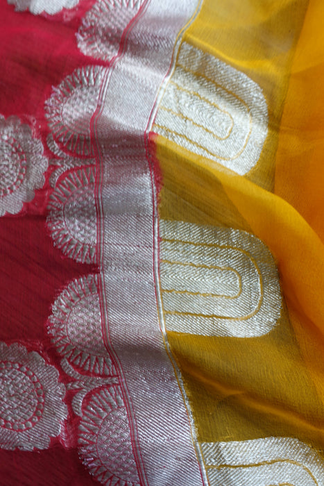 Saffron Yellow And Red Banarsi Chiffon - Preloved