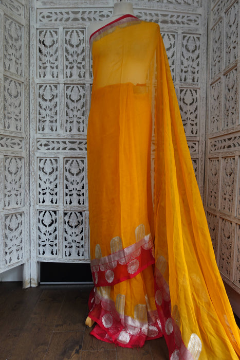 Saffron Yellow And Red Banarsi Chiffon - Preloved