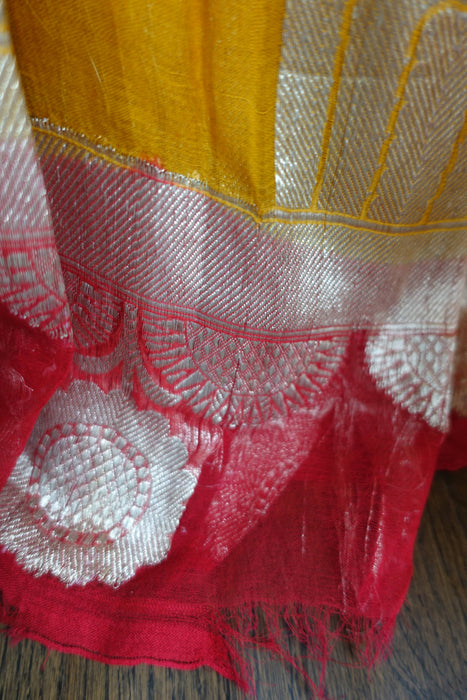 Saffron Yellow And Red Banarsi Chiffon - Preloved