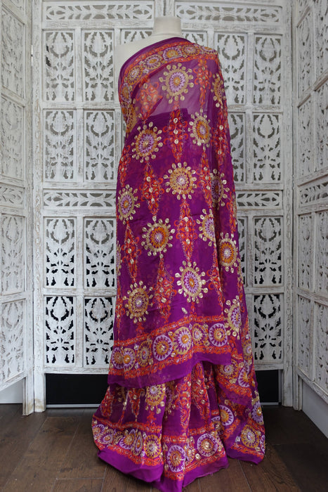 Purple Vintage Chiffon Embroidered Sari - Preloved