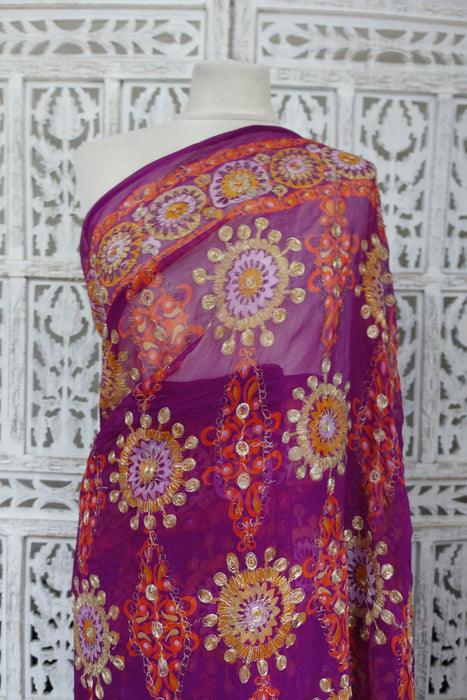Purple Vintage Chiffon Embroidered Sari - Preloved