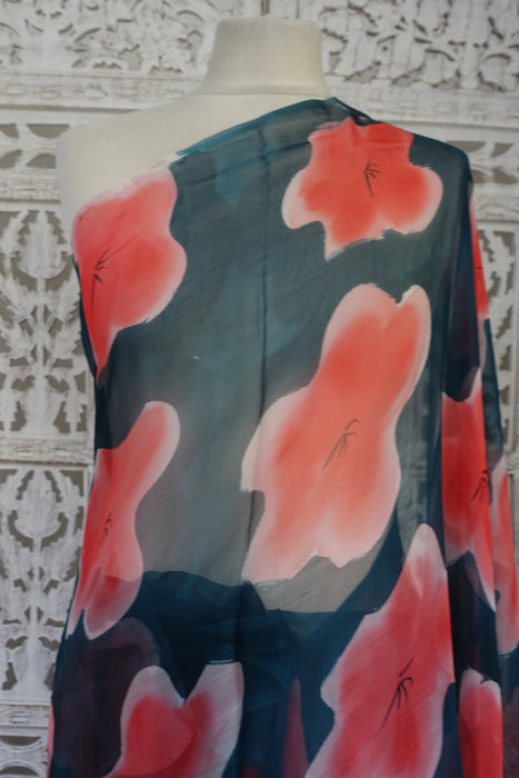 Denim Blue And Peach Vintage Pure Silk Chiffon Sari - New