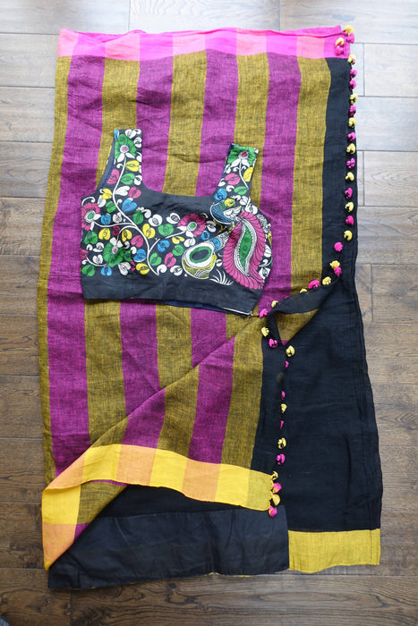 Black Linen Mix Sari With Blouse To Fit 37 Bust - New